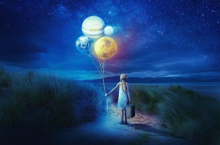 A girl holds the planets like balloons in her hand. Intuitive Astrology empowers us, not the planets.