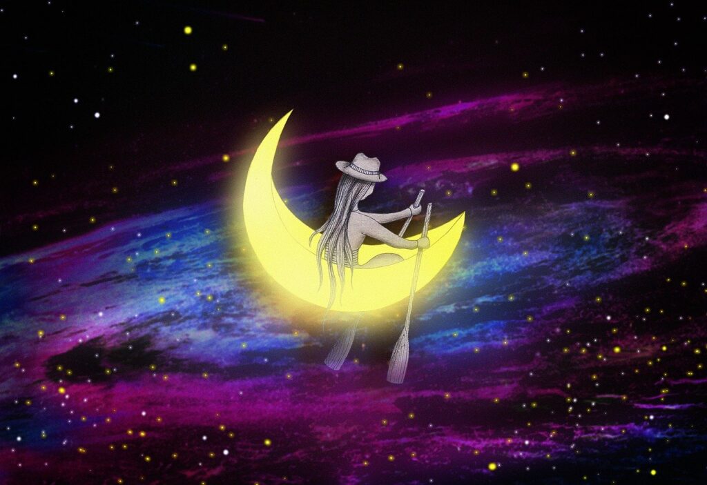 Girl in moon boat in the starry night represents Pluto Moon aspects.