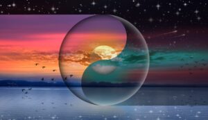 The yin yang symbol over a planet symbolizes healing the soul and its polarities with intuitive astrological counseling